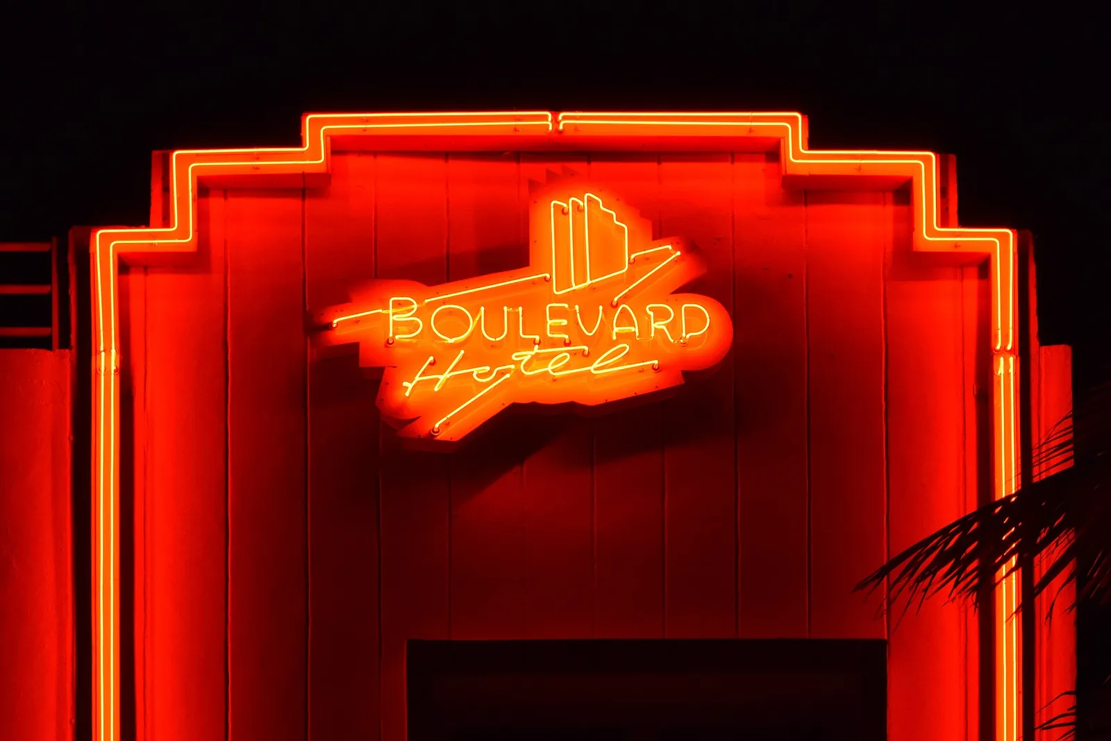 Glowing neon sign of the Boulevard Hotel in Miami Beach