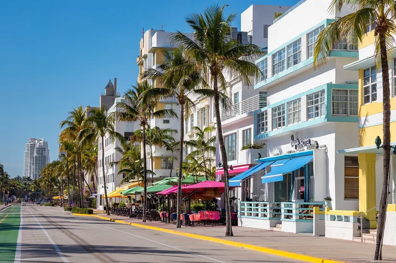 Palm-lined Ocean Drive and its pastel Art Deco hotels