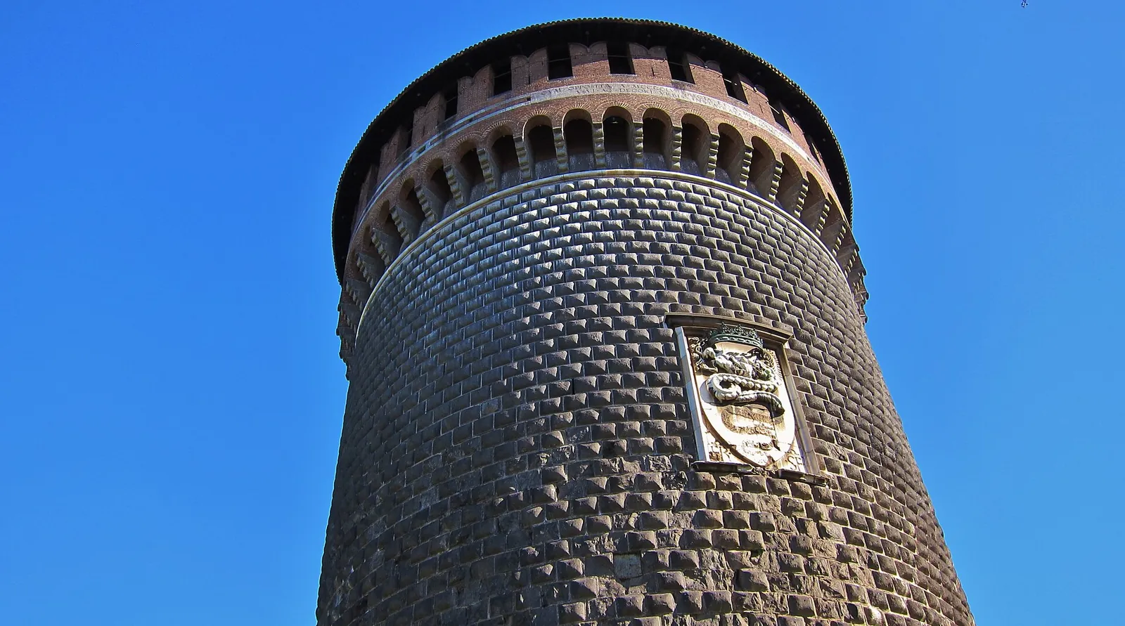 A round brick tower of Castello Sforzesco