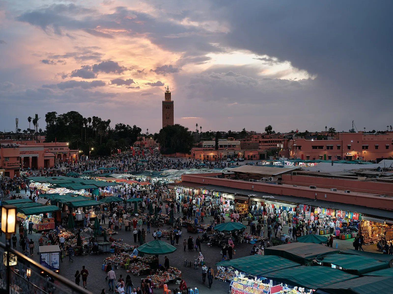Jemaa el-Fnaa buzzing with stalls at sunset