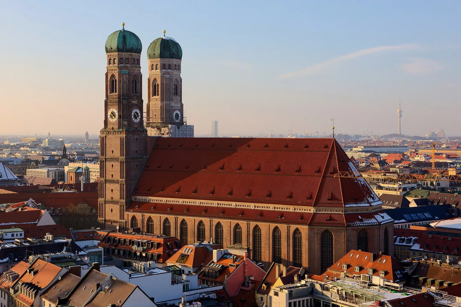 Frauenkirche's twin domed towers above red roofs