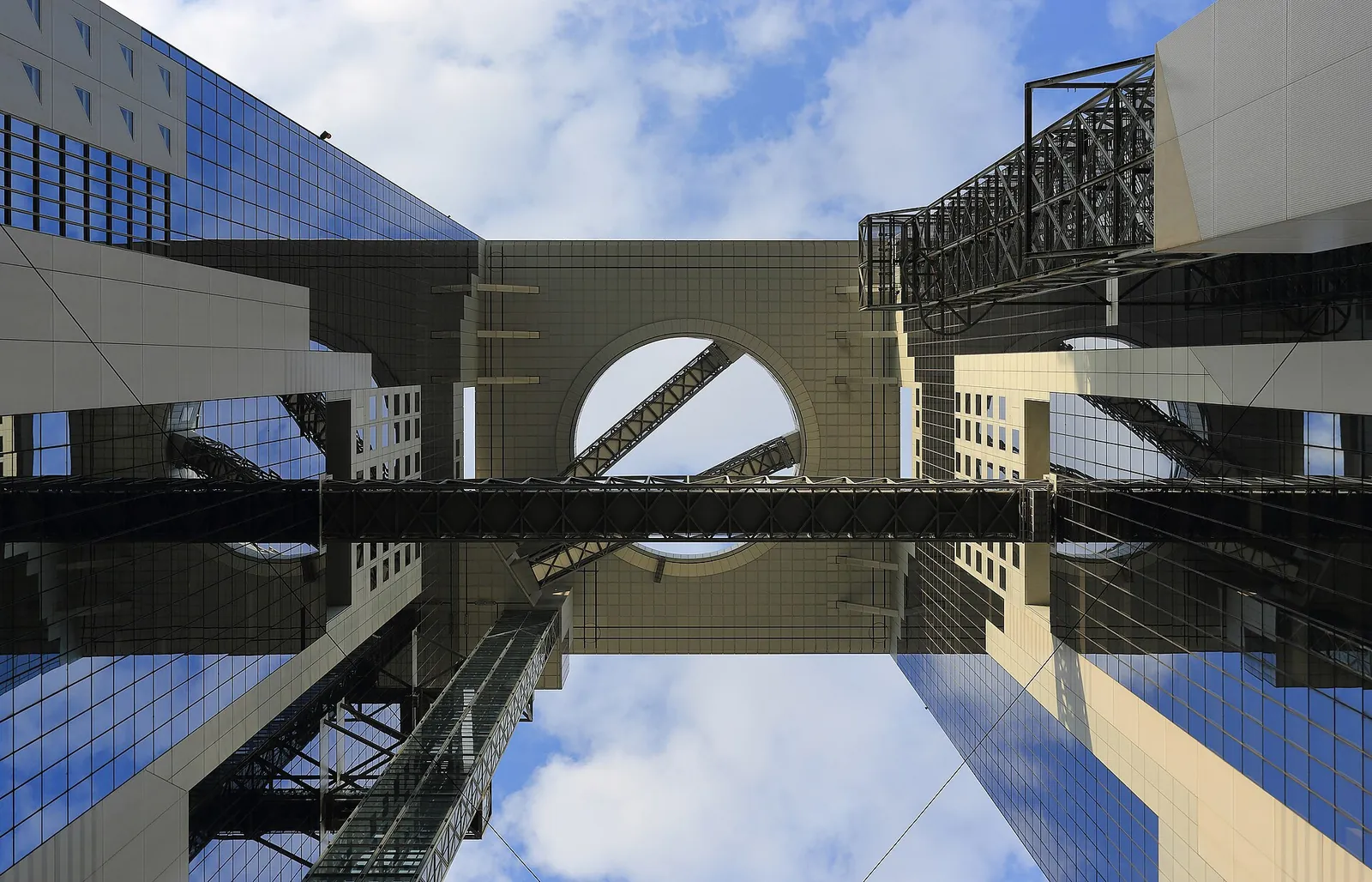 Looking up at the Umeda Sky Building's floating garden