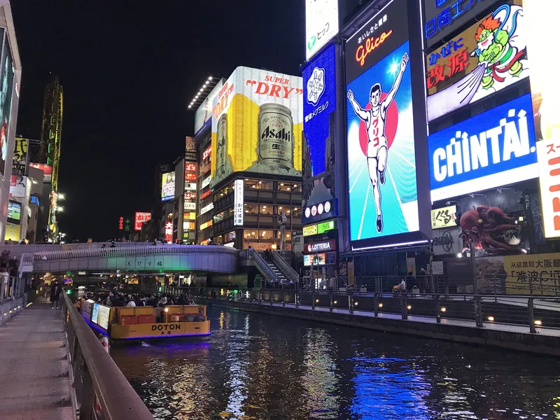 Dotonbori's neon signs glowing over the canal at night