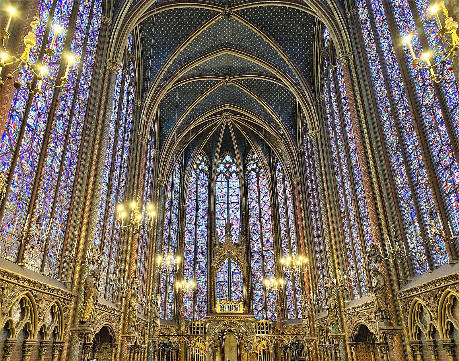 Soaring stained-glass windows in Sainte-Chapelle's upper chapel