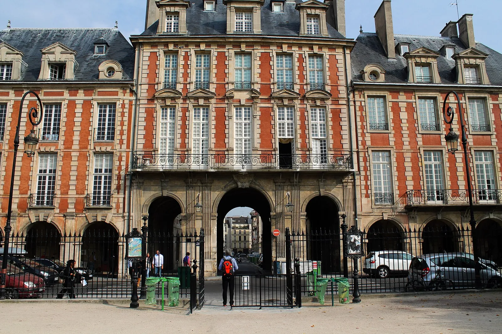 Red-brick facades of Place des Vosges in Le Marais