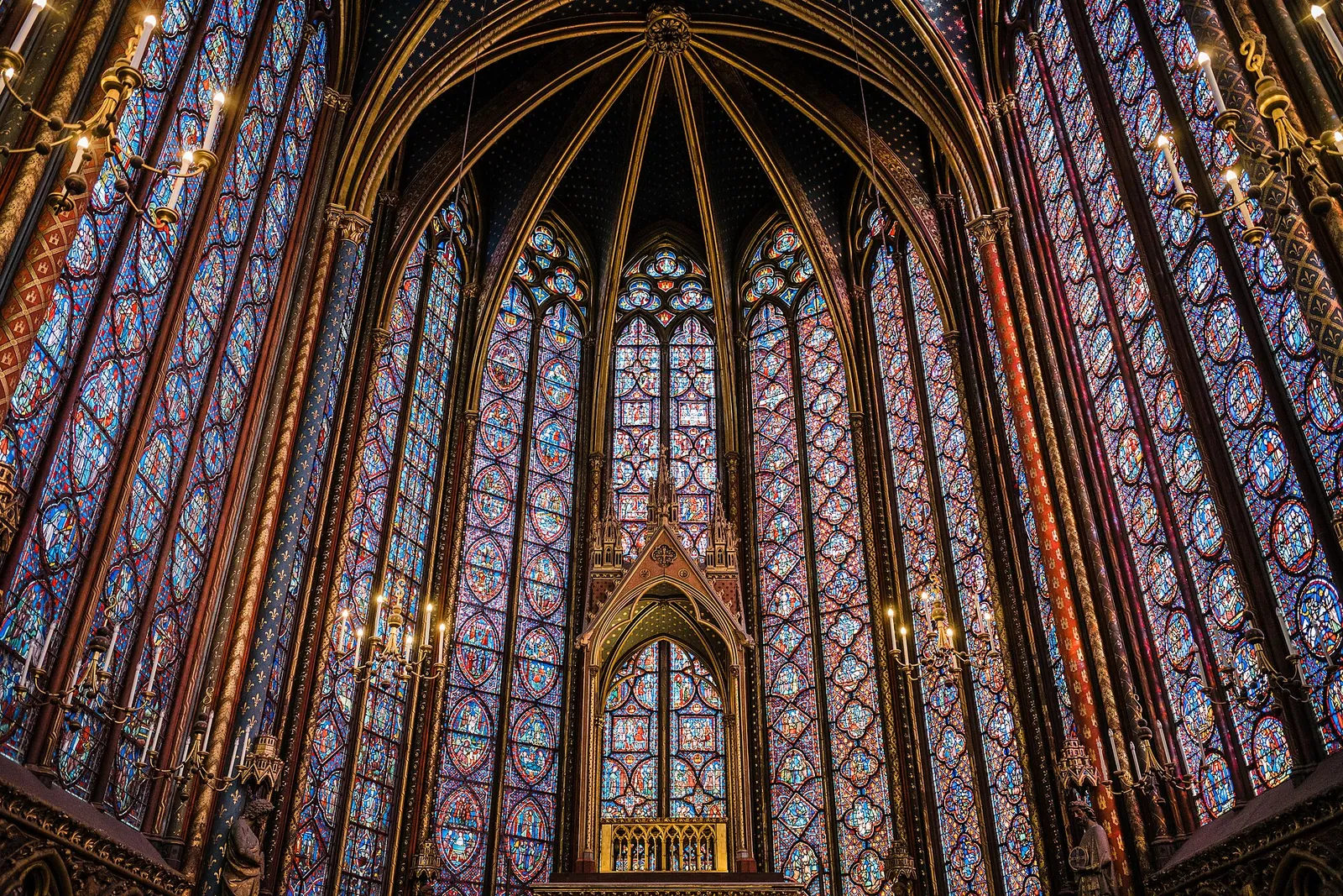 Jewel-coloured stained glass inside the Sainte-Chapelle
