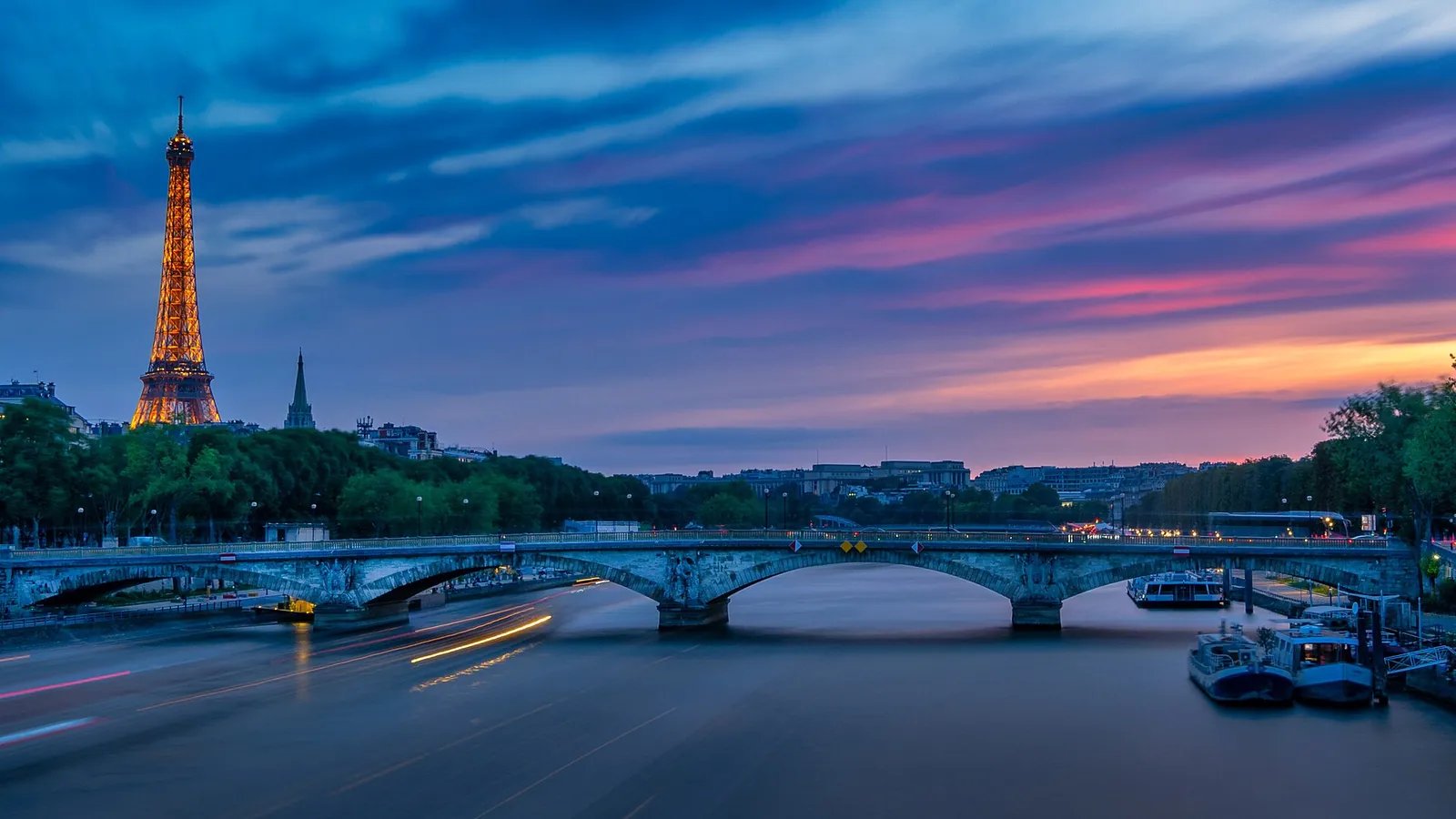 Eiffel Tower and the Seine at blue hour, Paris