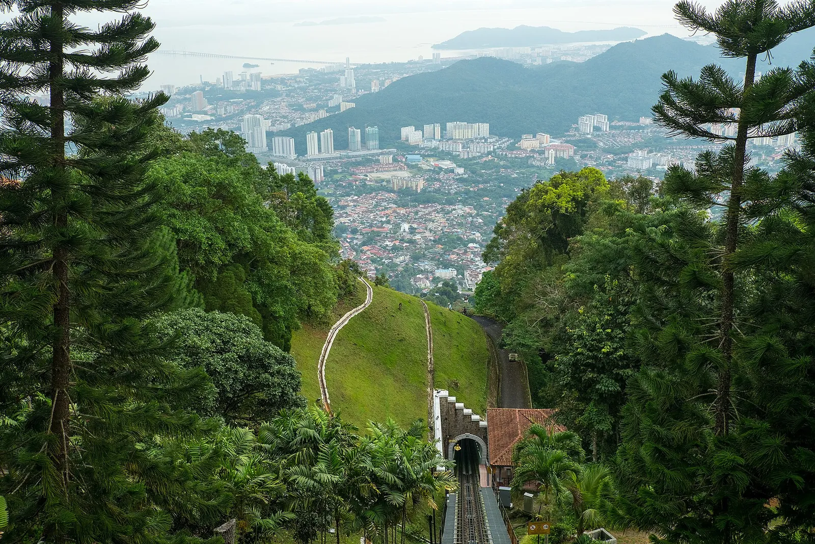 Penang Hill funicular track with the city beyond