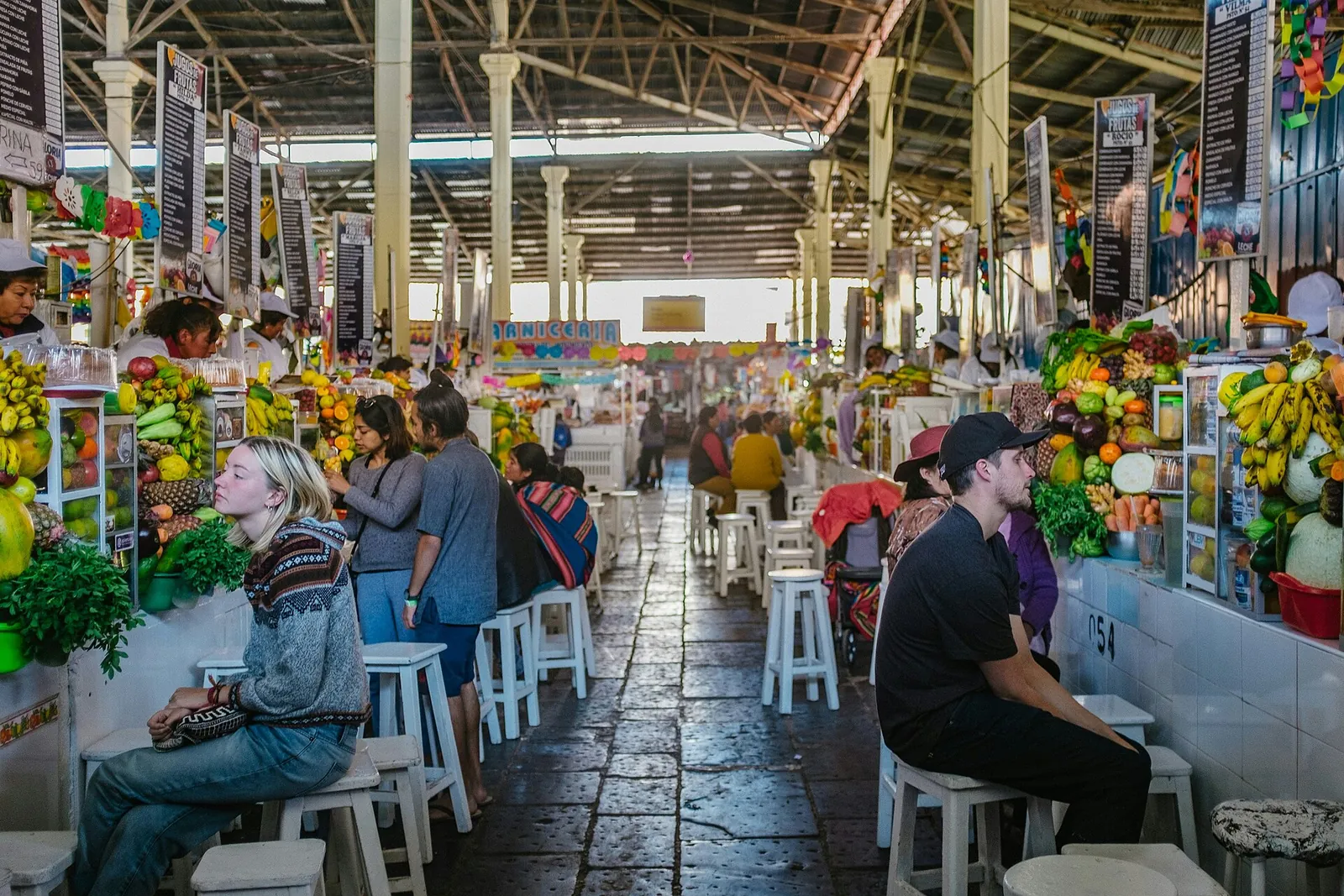 Fruit stalls and juice counters in Cusco's San Pedro market