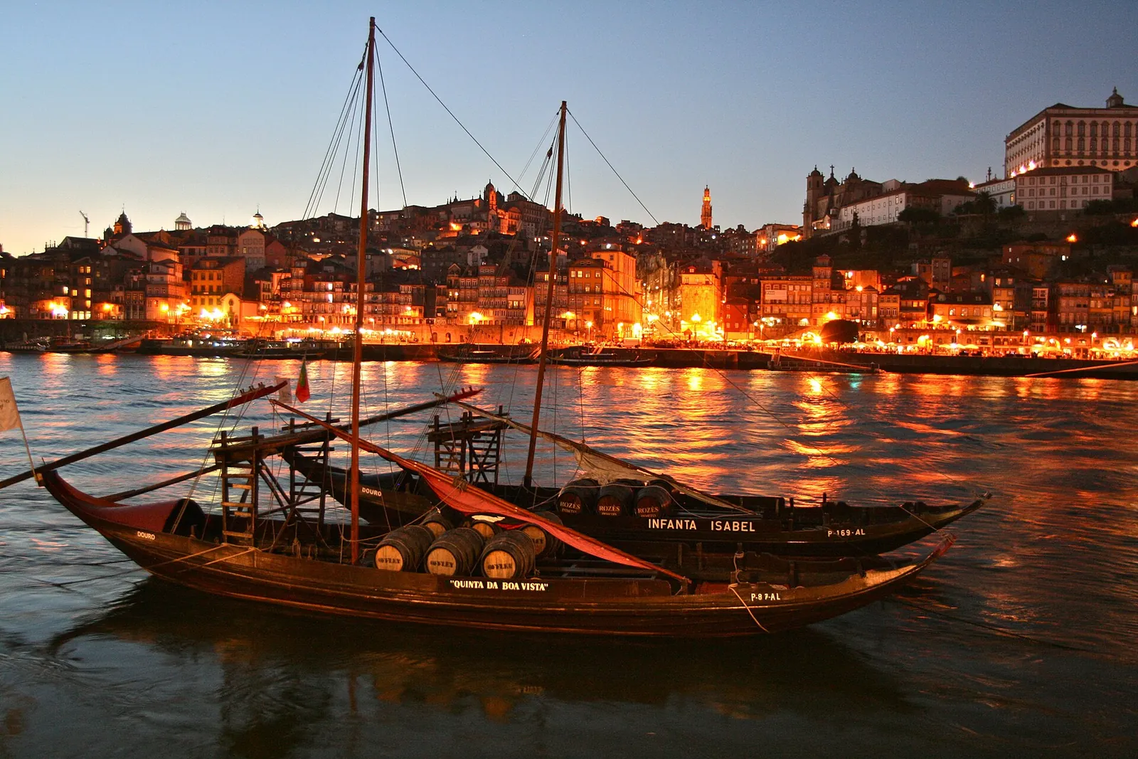 Rabelo boats glowing in the evening light on the Douro