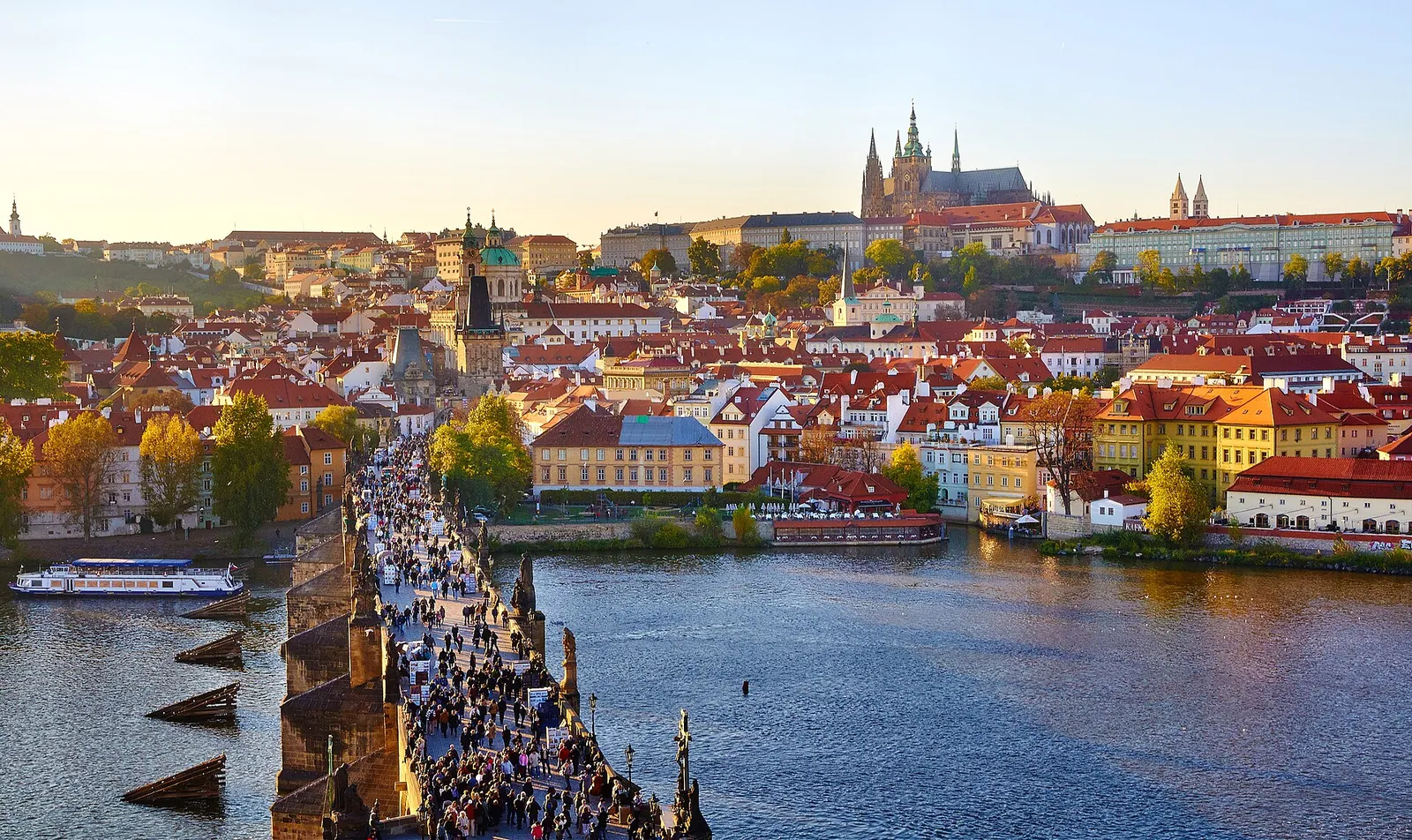 Charles Bridge and Prague Castle at golden hour