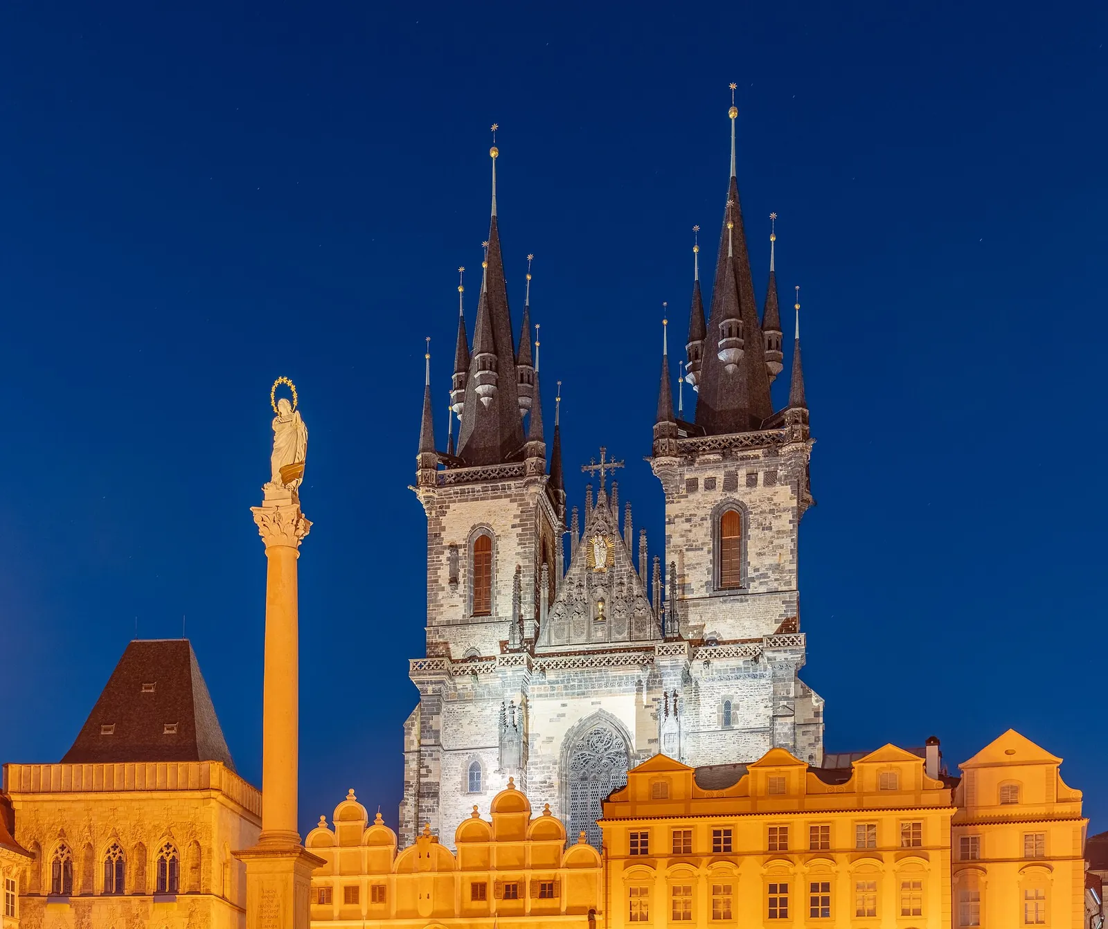 Týn Church lit up at night