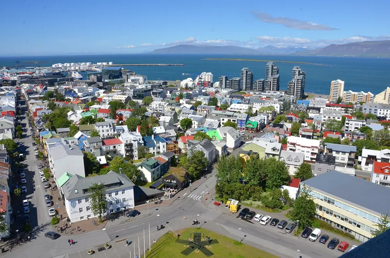 Colourful Reykjavik rooftops and the bay from Hallgrímskirkja