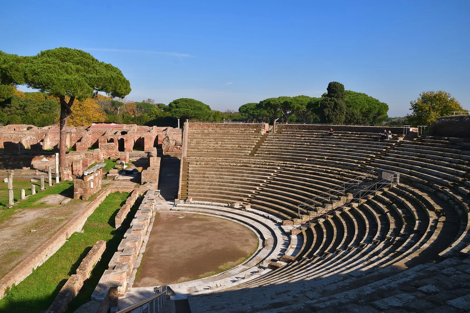 The ancient theatre of Ostia Antica framed by umbrella pines