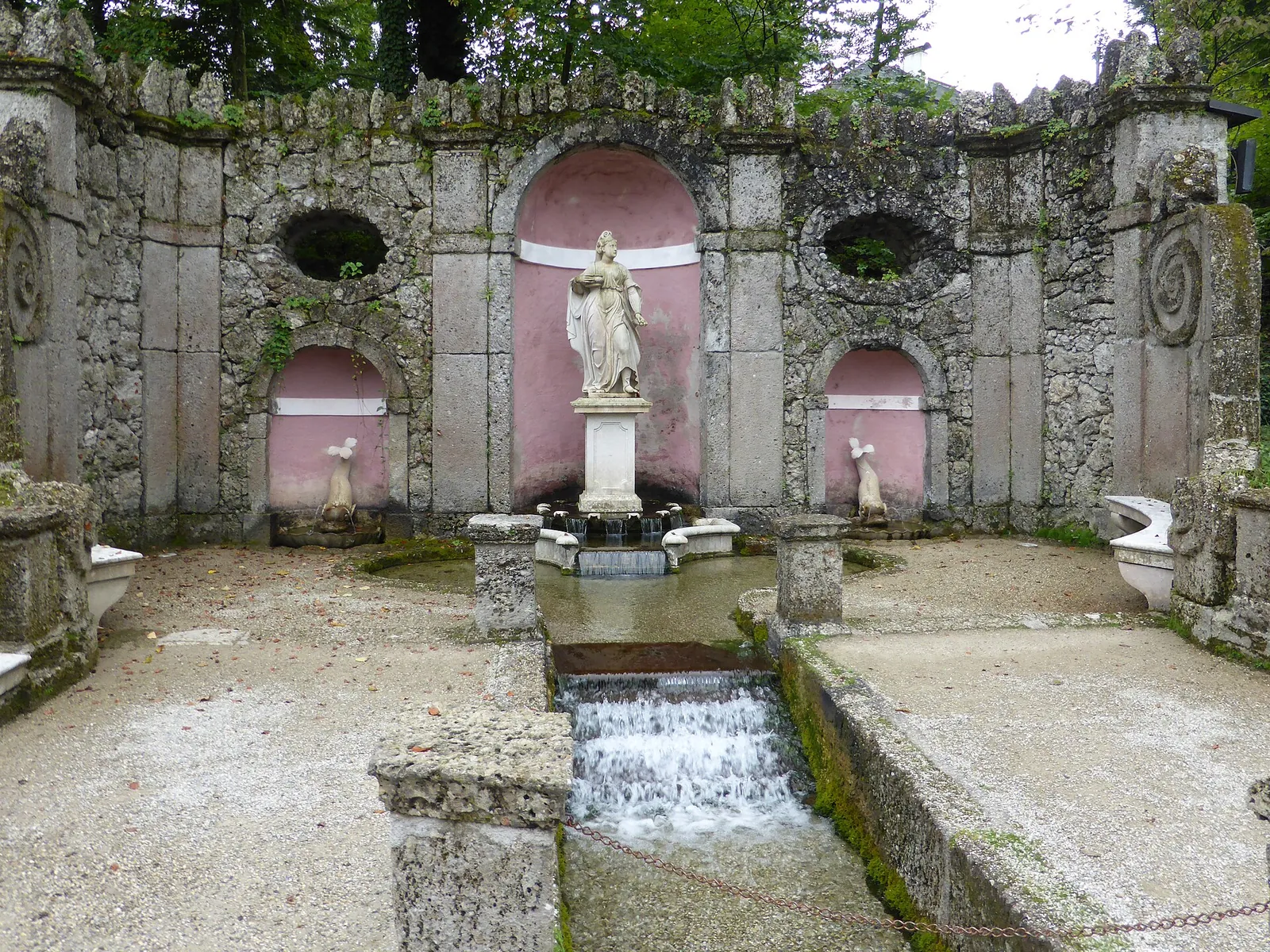 Stone grotto and water channel at Hellbrunn's trick fountains