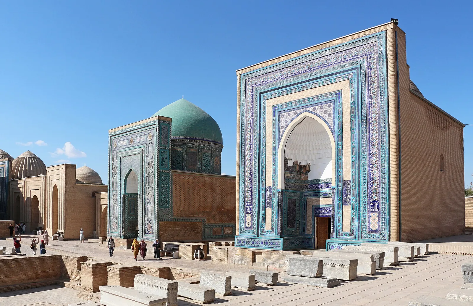 Turquoise-tiled mausoleums along the Shah-i-Zinda street