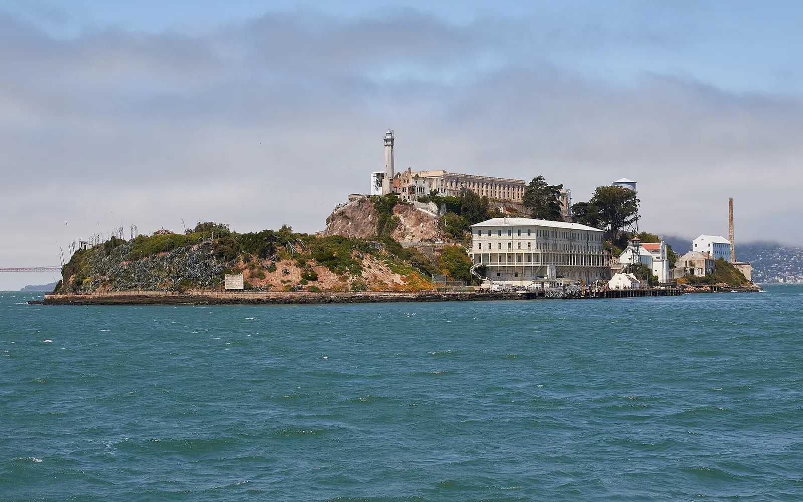 Alcatraz Island rising from the blue bay
