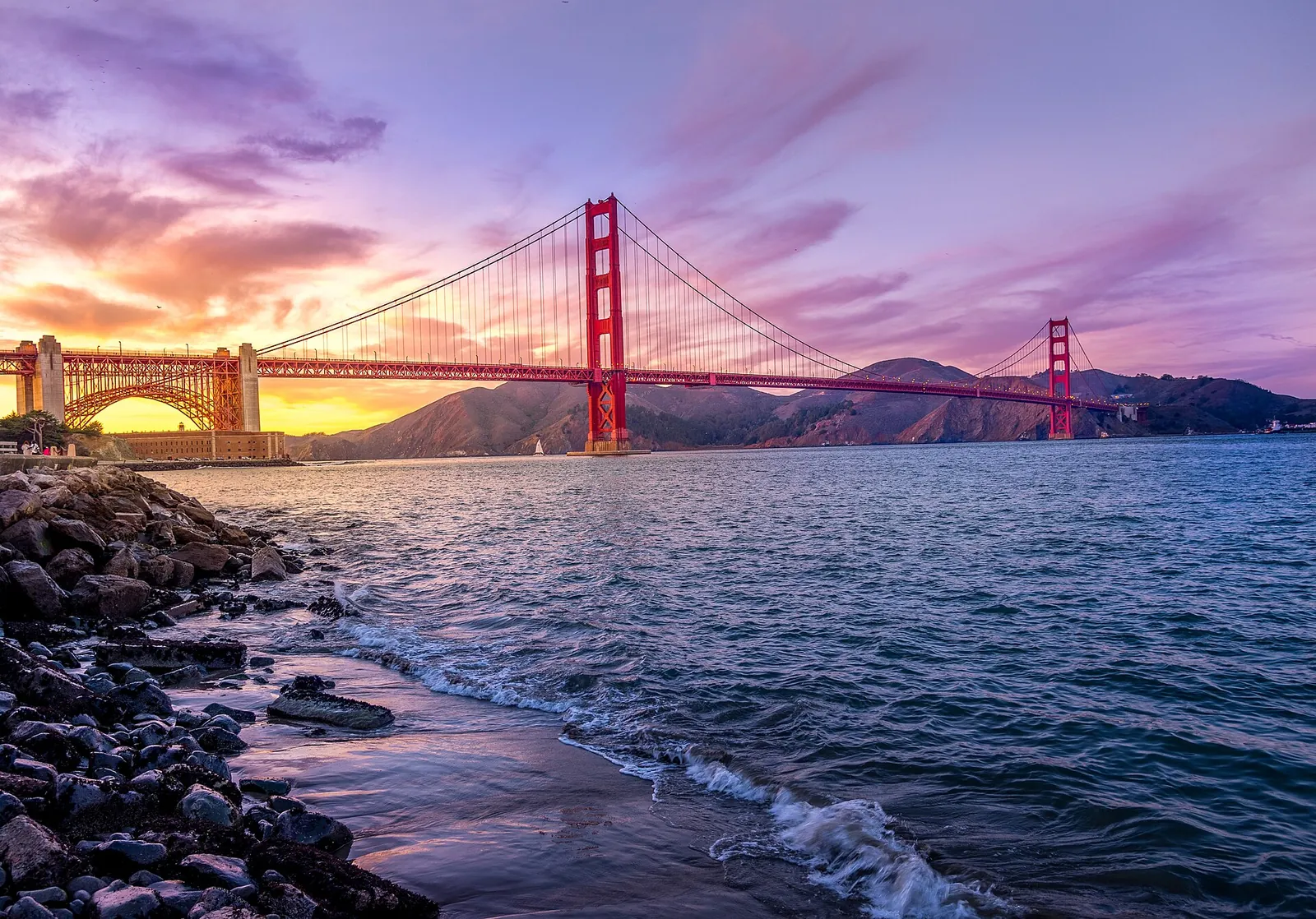 Golden Gate Bridge under a purple and orange sunset