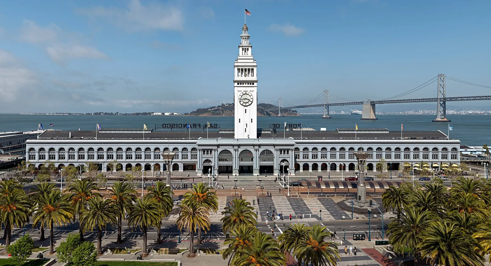 The Ferry Building clock tower and the Bay Bridge