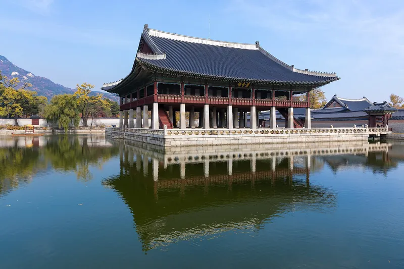 Gyeonghoeru Pavilion reflected in its pond at Gyeongbokgung
