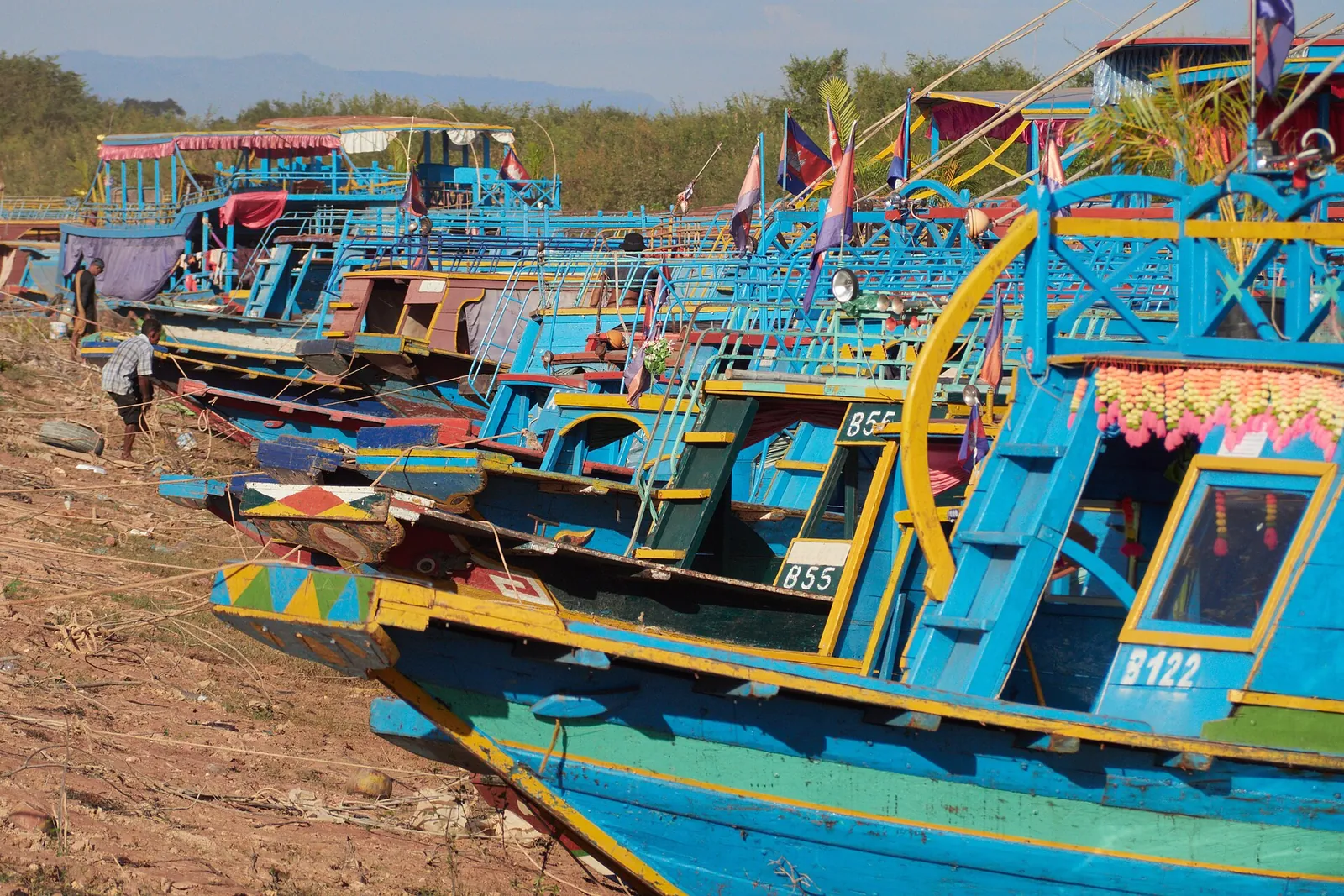 Colourful boats moored by the Tonle Sap lake