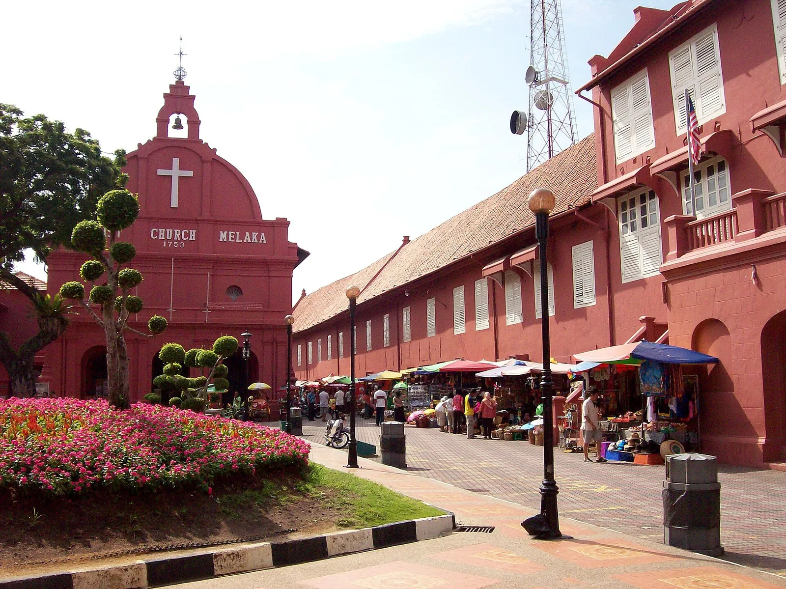 Red buildings and flowers on Dutch Square, Malacca