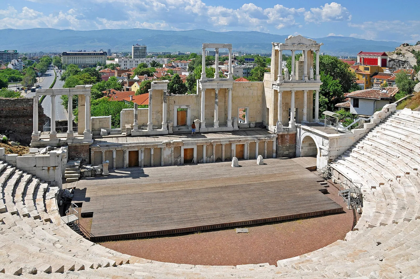 Plovdiv's Roman theatre with the city beyond