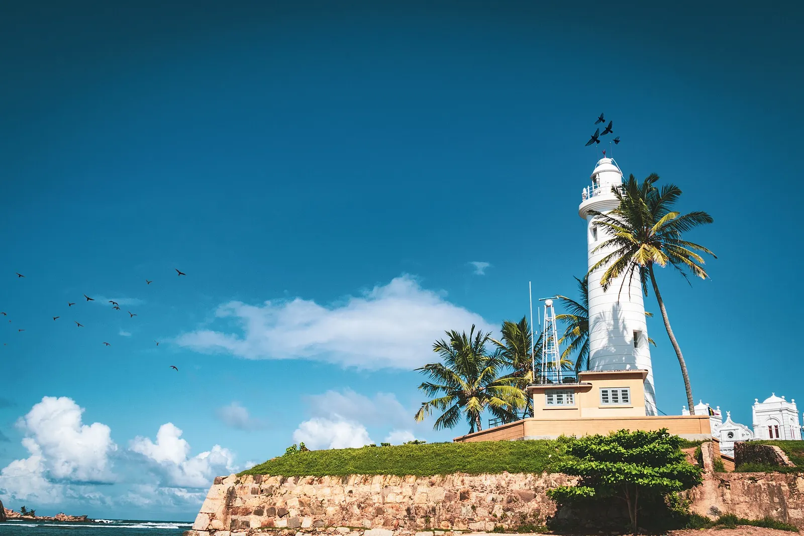 The white lighthouse and palm trees of Galle Fort