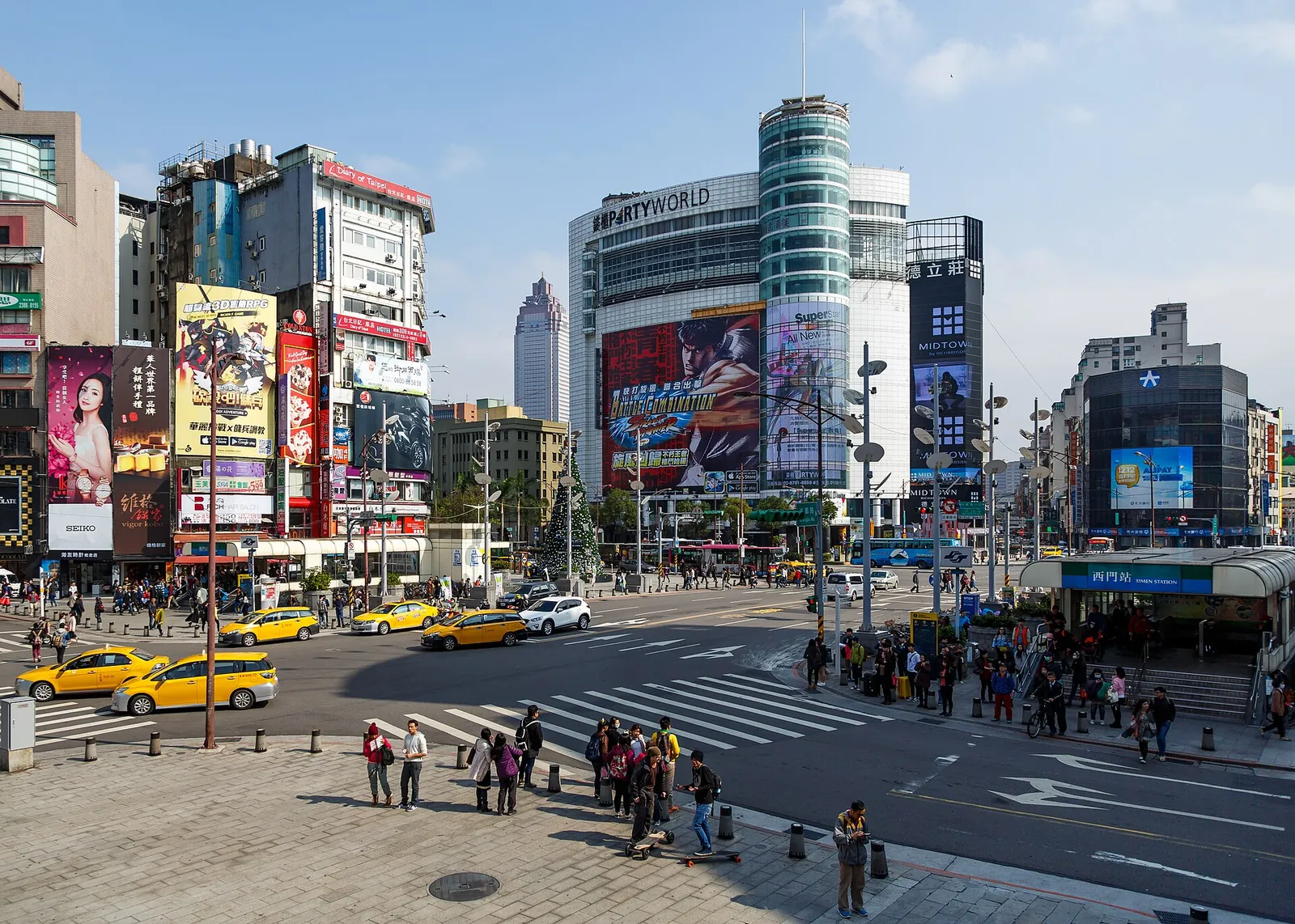 Busy Ximending crossroads on a sunny day