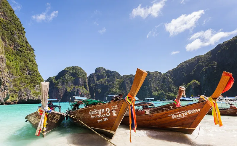 Colourful longtail boats on Maya Bay, Phi Phi Leh