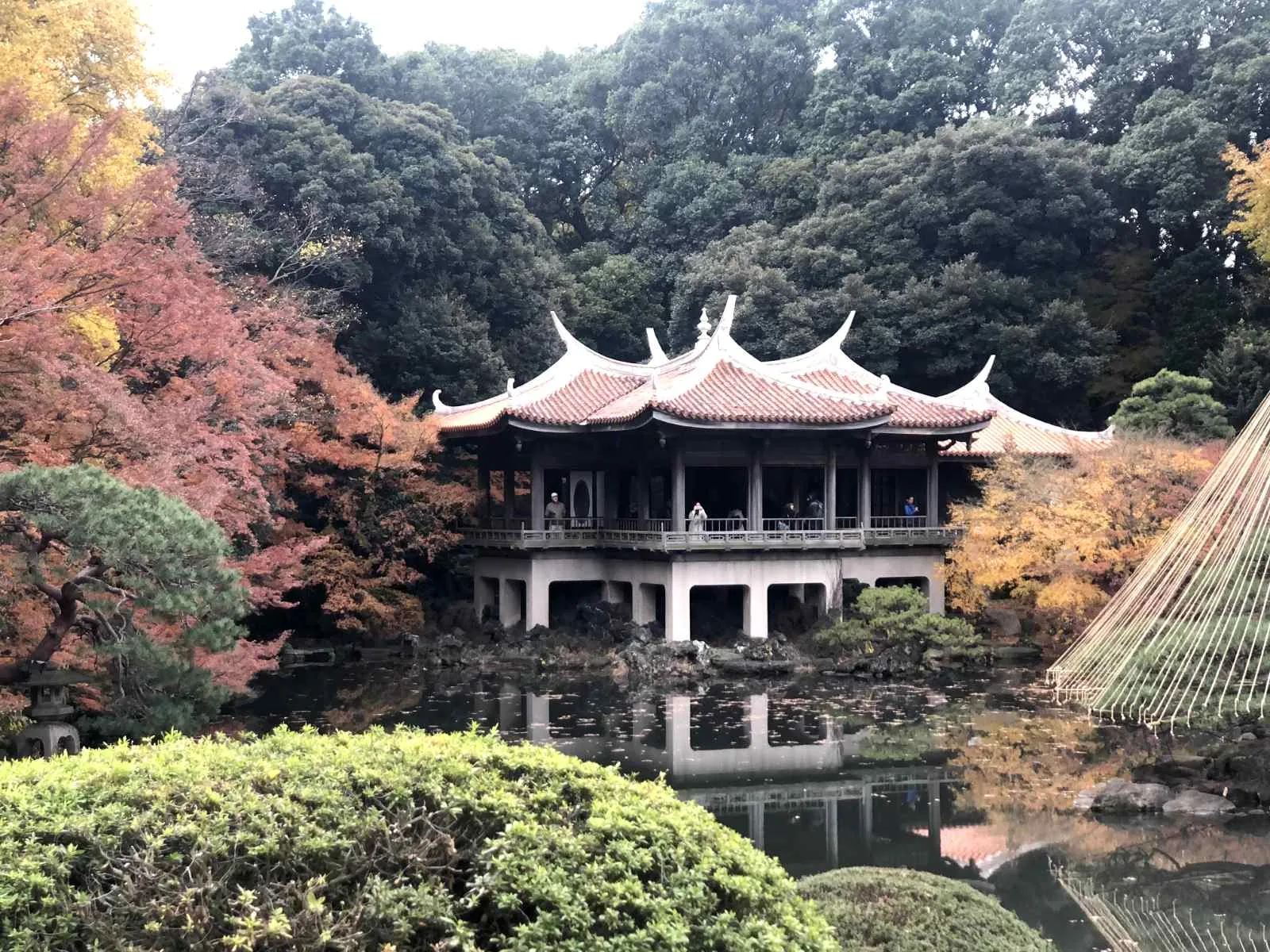 Pavilion and autumn colours reflected in Shinjuku Gyoen