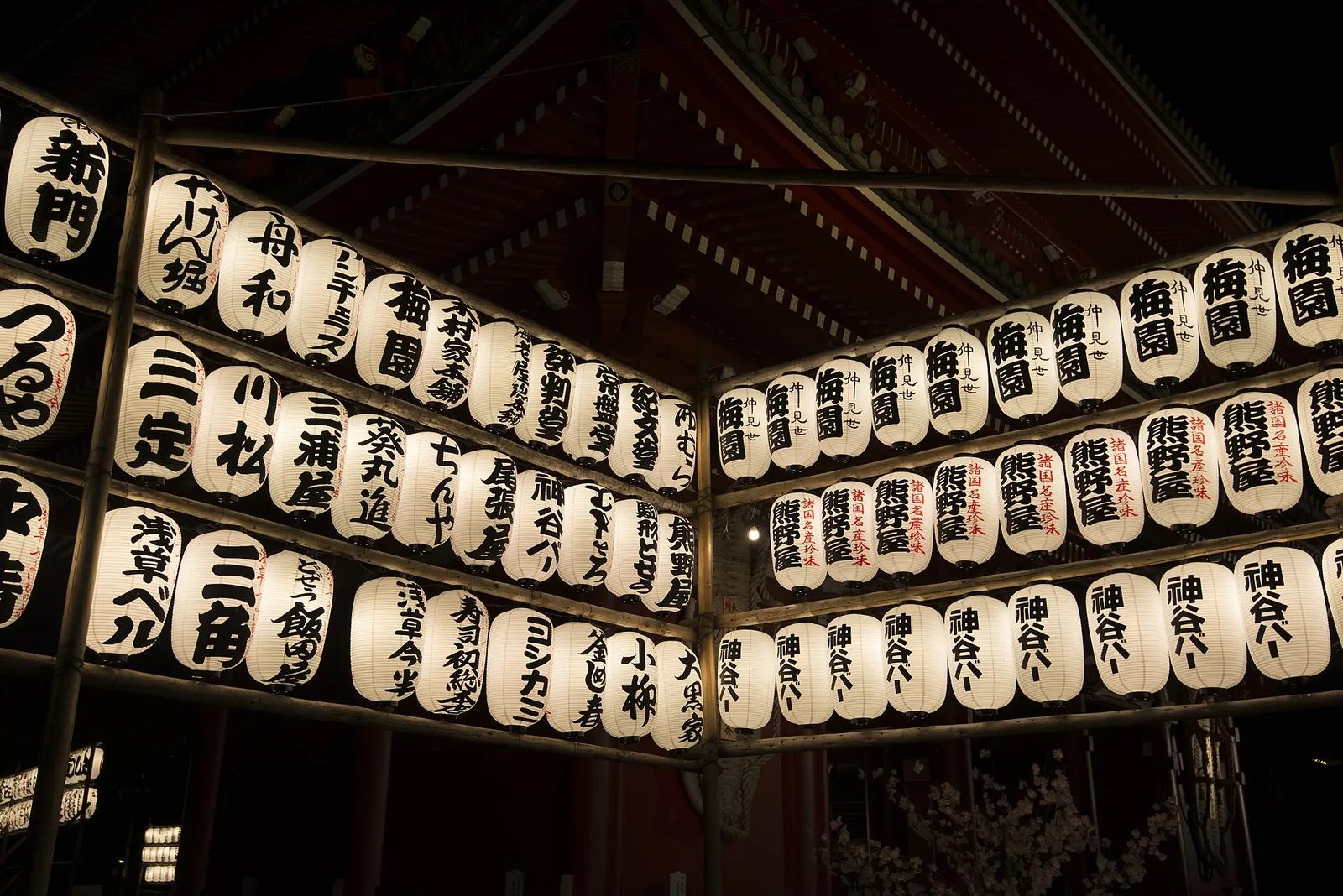 Glowing paper lanterns in Asakusa at night