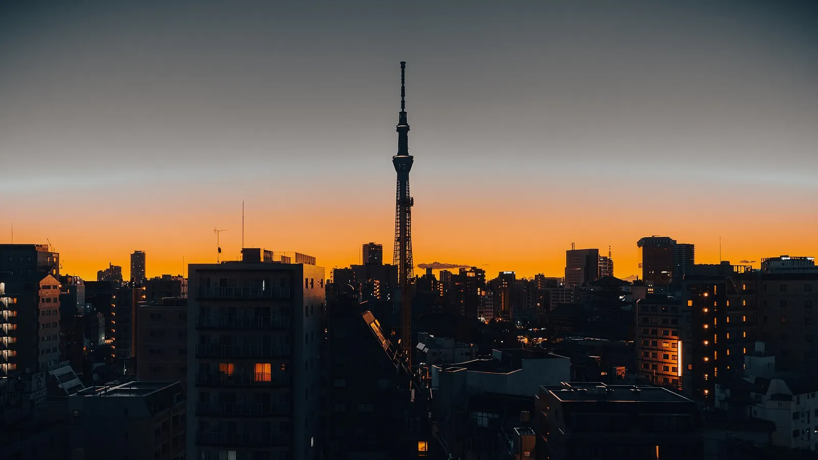 Tokyo Skytree glowing against an orange dusk sky