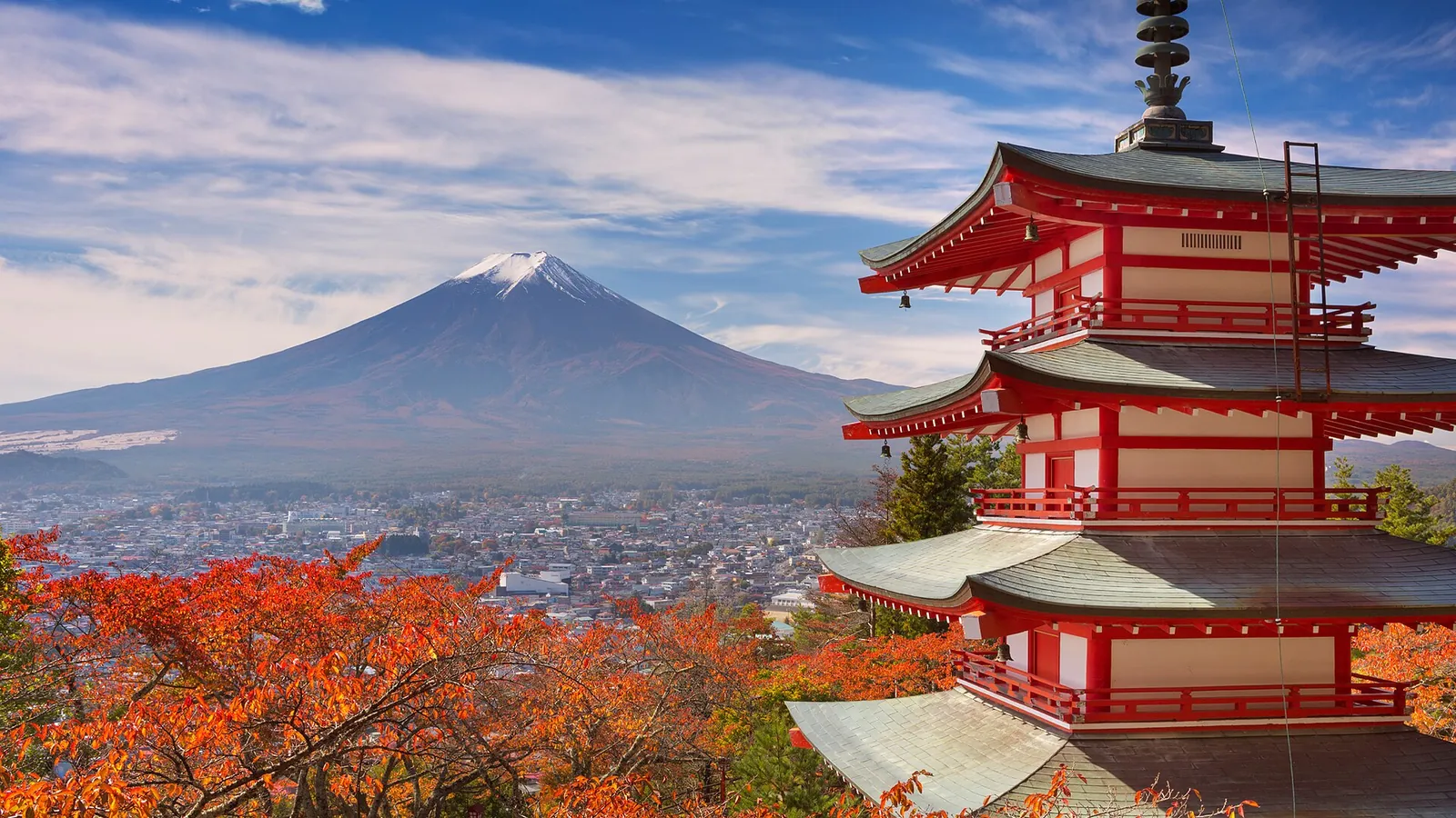 Chureito Pagoda and Mt Fuji framed by autumn maples