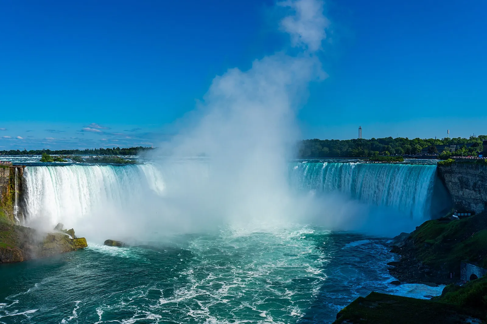 Horseshoe Falls thundering under a bright blue sky