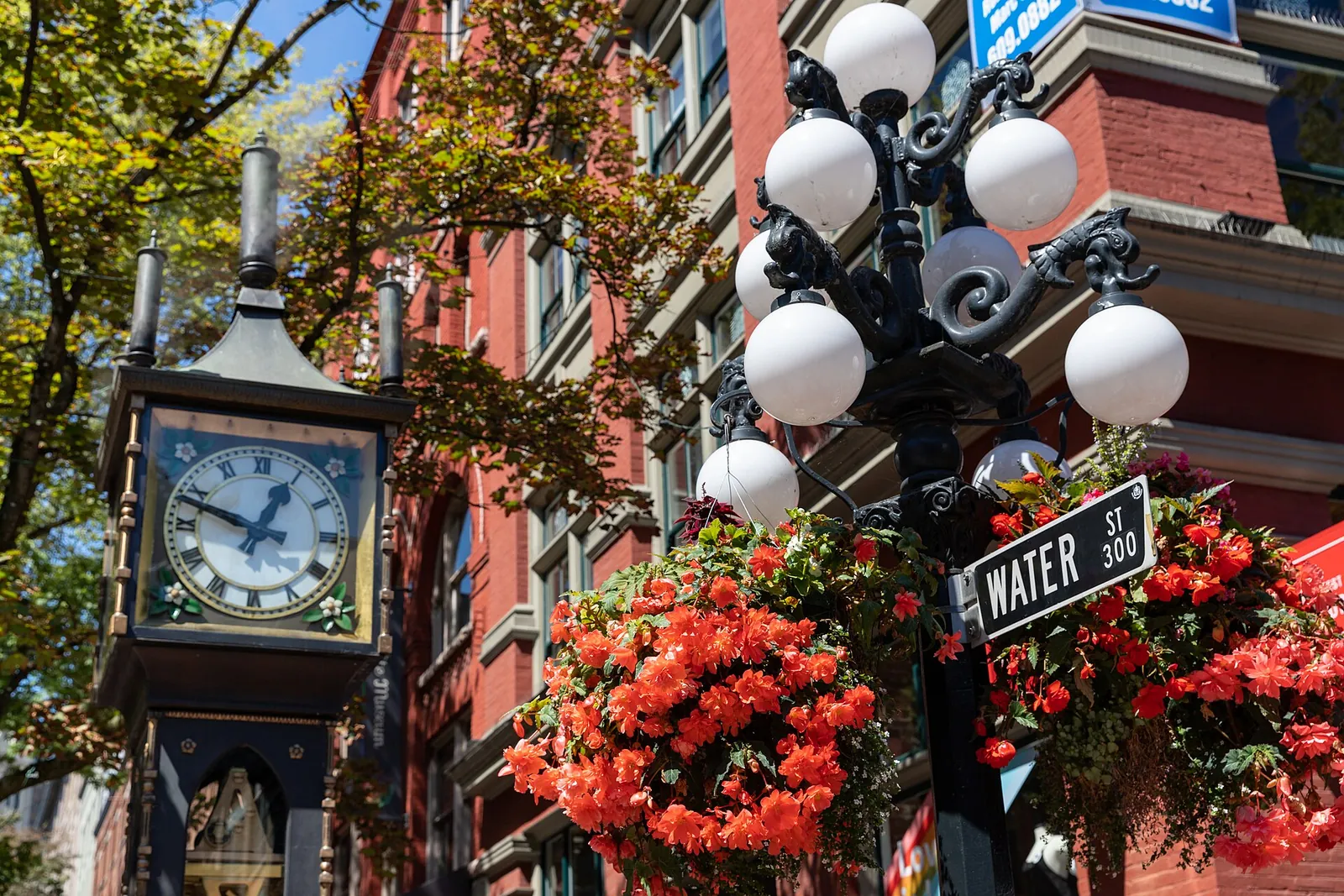 The Gastown steam clock and flowers on Water Street