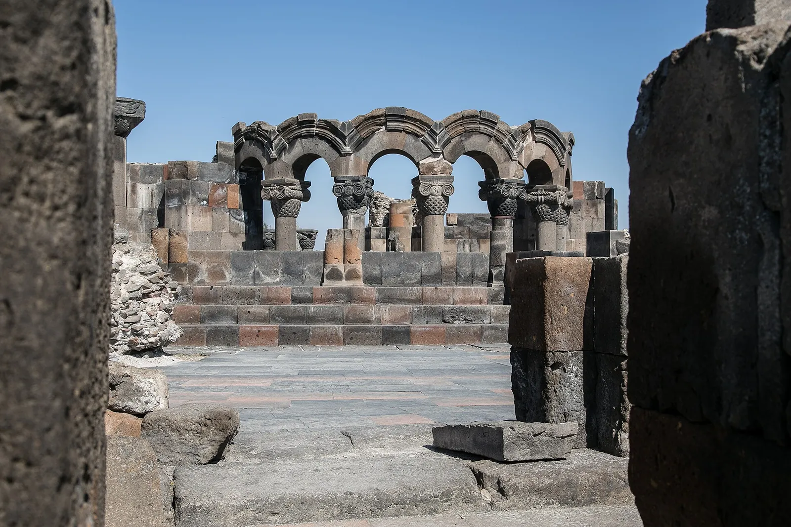 Arches and carved capitals at the Zvartnots ruins