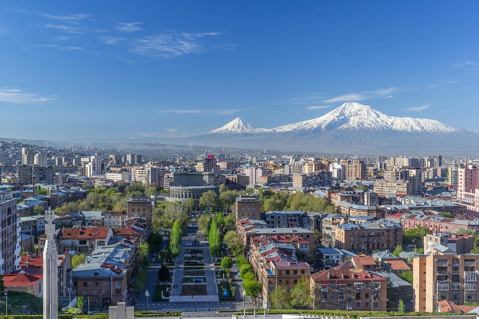 Yerevan skyline below snowy Mount Ararat in spring