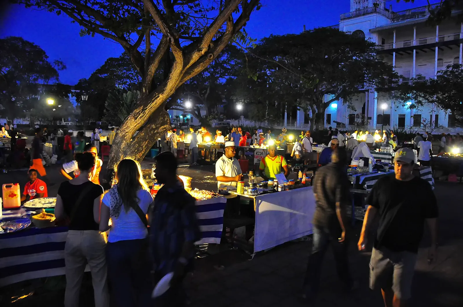 Evening food stalls lit up in Forodhani Gardens
