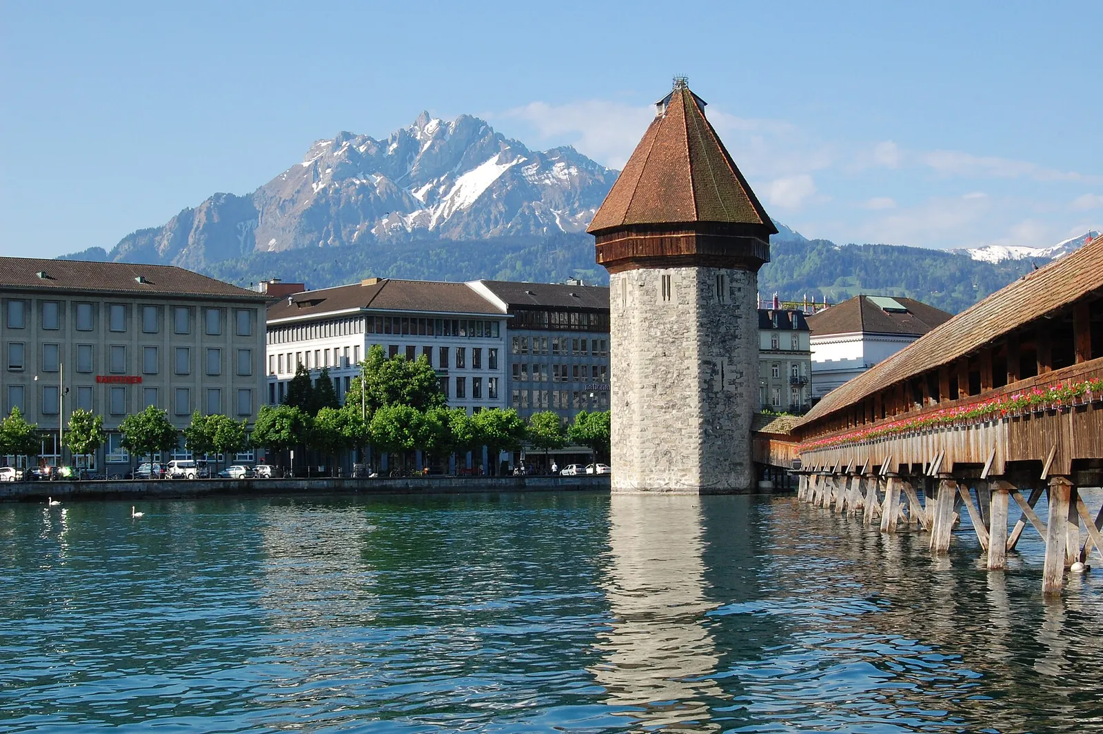Chapel Bridge, the Water Tower and Mount Pilatus, Lucerne